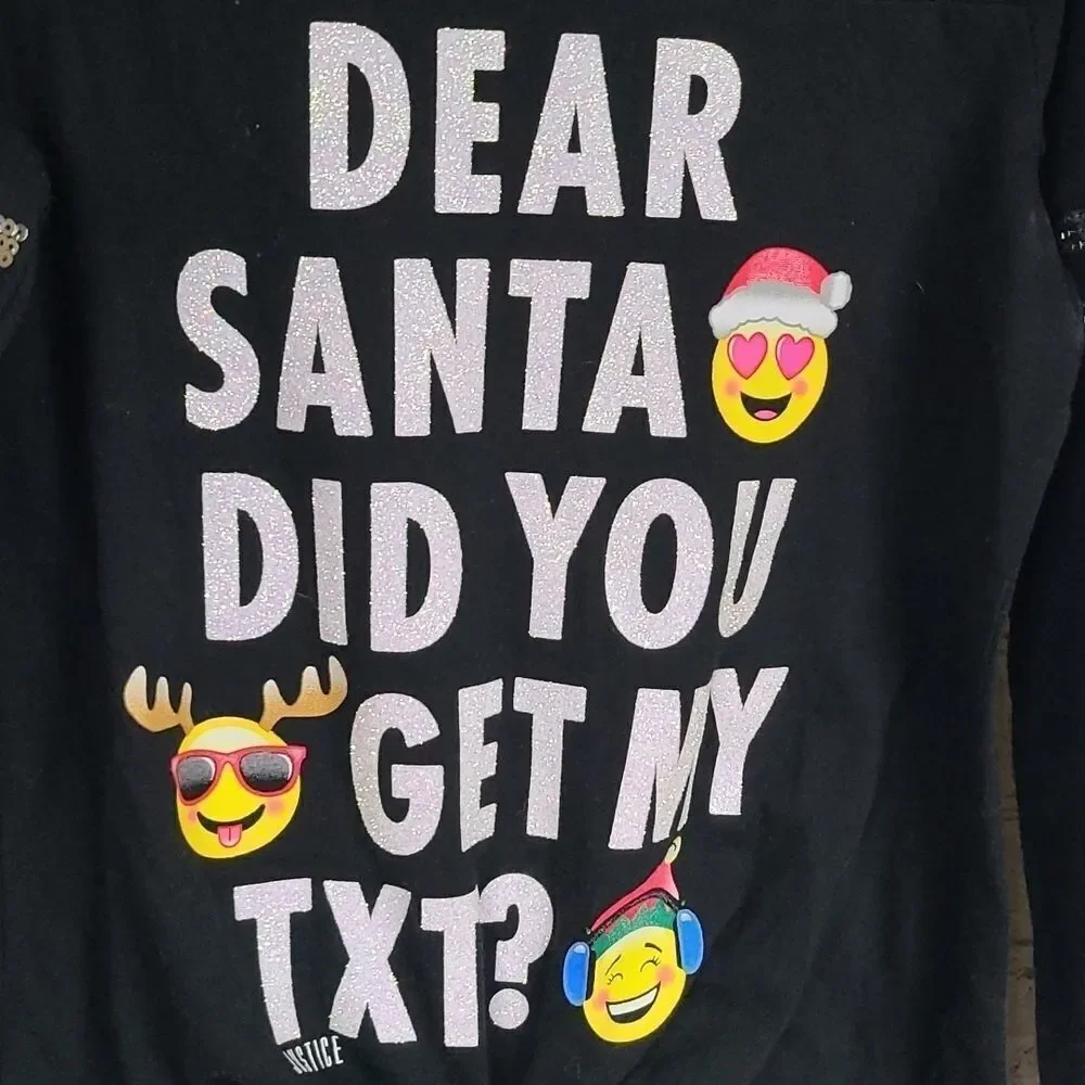 Justice Girls 10 Emoji Dear Santa CHRISTMAS Sequin Long Sleeve Black Tee T-Shirt